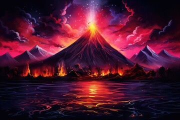 Fantasy landscape with mountains and volcano at sunset. 3d illustration, Night fantasy landscape with abstract mountains and an island on the water, an explosive volcano, AI Generated