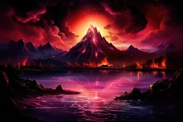 Fantasy landscape with mountain and lake at night. Digital painting, Night fantasy landscape with abstract mountains and an island on the water, an explosive volcano with burning, AI Generated