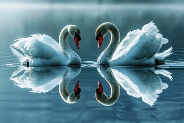 Romantic two swans. Water reflection on blue background.