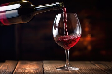 Red wine being poured into a glass on a wooden table with a blurred background, Pouring red wine into a wine glass by hand, close-up, AI Generated