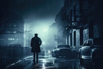 Silhouette of a man in raincoat standing in the street at night, Policemen standing on a street corner, overseeing a crime scene, Cops in the big city, in a noir novel or film style, AI Generated