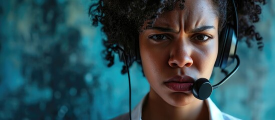 Doubtful and anxious African American woman in call center headset, upset and frowning due to a problem, being negative. - obrazy, fototapety, plakaty