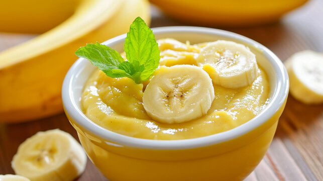 banana puree in a jar and plate. food