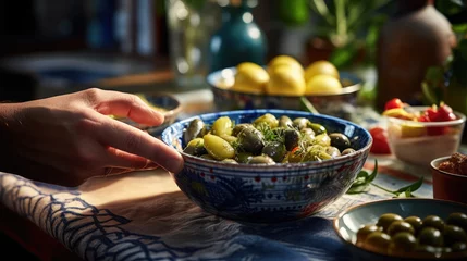 Poster Person's hands are seen serving a bowl of mixed green and black olives with herbs and sun-dried tomatoes © MP Studio