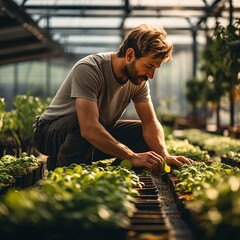 Male horticulturist examining young plants in greenhouse - obrazy, fototapety, plakaty