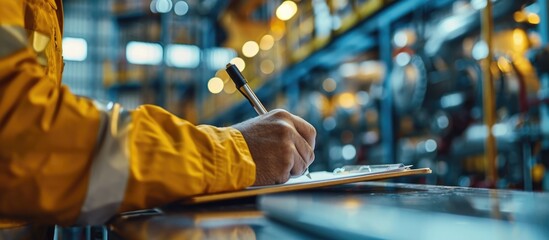 Industrial engineers document preventive maintenance inspections by handwriting data on check sheets and taking conceptual photos.