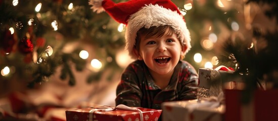 Boy in Santa hat retrieves gifts from under tree and laughs. - obrazy, fototapety, plakaty