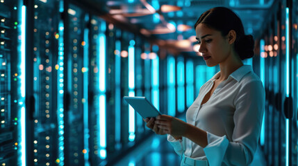 Focused IT professional using a laptop while standing in a server room with racks of network equipment illuminated by blue lights