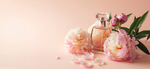 Obraz na płótnie Canvas Perfume bottle with peonies on a soft peach backdrop