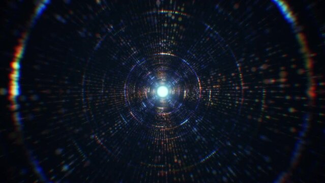 Abstract digital tunnel into virtual space consisting of a bright stream of particles
