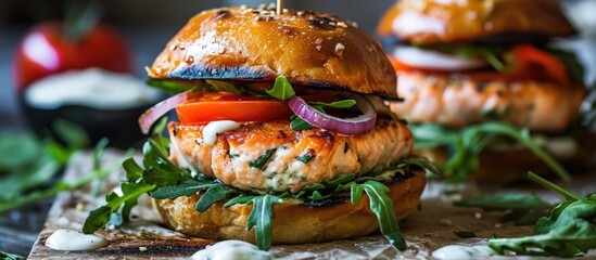 Homemade grilled salmon burger with fresh toppings on a bun. - Powered by Adobe