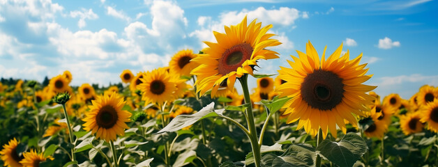 Beautiful day over sunflowers field with blue sunny sky.  Floral panorama shot of ready to harvest sunflowers with yellow petals in a big field on a sunny day. Blossom banner of happy summer by Vita - Powered by Adobe