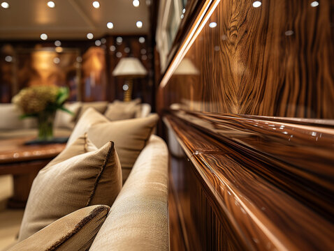 Luxuoso interior de iate com detalhes em madeira nobre