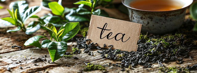 Dry tea with green leaves on a wooden background. - obrazy, fototapety, plakaty