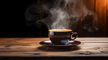Steaming Coffee Cup Close-Up on a Rustic Wooden Surface, Embracing Coziness and Warmth