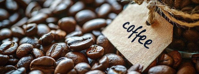 Roasted coffee beans close-up background and inscription coffee.