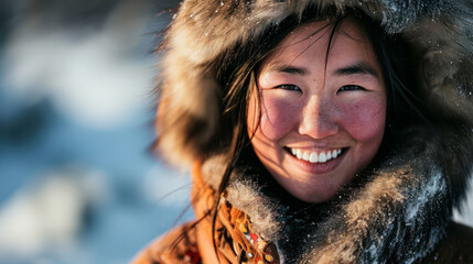 Portrait of an Inuit woman, 30 years old, with black hair and inuit sun ruff clothing