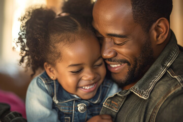 Affectionate moment between smiling black afro american father and daughter at home, showcasing a warm, loving family dynamic - obrazy, fototapety, plakaty