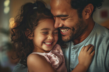 Affectionate moment between smiling hispanic father and daughter at home, showcasing a warm, loving family dynamic - obrazy, fototapety, plakaty