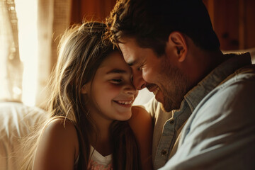 Naklejka premium Affectionate moment between smiling caucasian father and daughter at home, showcasing a warm, loving family dynamic