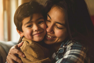 Affectionate moment between smiling asian mother and son at home, showcasing a warm, loving family dynamic - obrazy, fototapety, plakaty