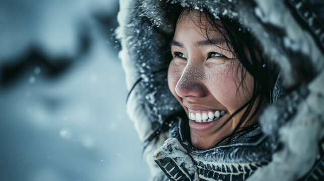 Portrait of an Inuit woman, 30 years old, with black hair and inuit sun ruff clothing