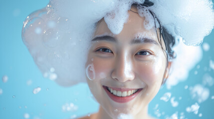 Beautiful Korean woman with a dollop of shampoo foam on her head - obrazy, fototapety, plakaty