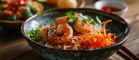 Asian cuisine: Bo Bun noodles with shrimp, spring roll, salad, and carrot garnish