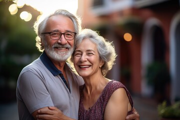  Senior citizen couple holding each other