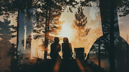 Eternal Escape: Couple's Silhouette with Dreamy Vacation Double Exposure. Generative AI