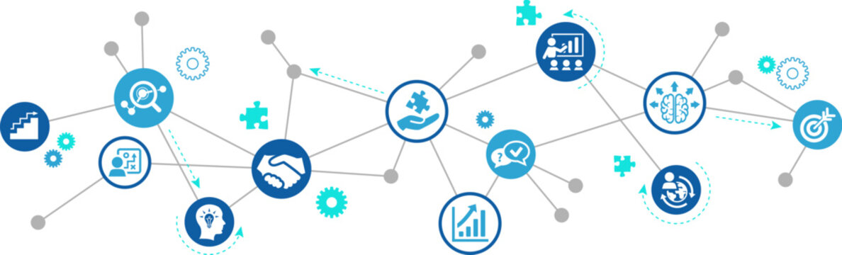 Consulting vector illustration. Concept with icons related to advice & support, consultant & adviser, professional assistance for decision-making / negotiation / audit, analysis & consultation.