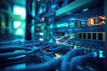 Fiber Optic cables connected to an optic ports in data center, Network cables connected to switches, Ethernet router in a data center, Digital information transmission equipment, AI Generated - obrazy, fototapety, plakaty