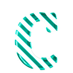 White symbol with thin turquoise diagonal straps. letter c