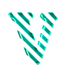 White symbol with thin turquoise diagonal straps. letter v