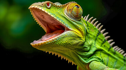 Obraz premium chameleon with its mouth open, displaying a vibrant array of green scales, sharp teeth, and a textured pink interior of the mouth, against a blurred green background.