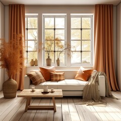  Cozy sofa against grid window dressed with terra cotta curtains. French country home interior design of modern living room, Generative AI