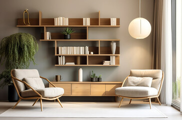 Lounge chairs against window near wall with wooden shelving units and cabinet. Scandinavian interior design of modern living room, Generative AI
