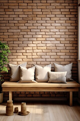 Wooden bench with pillows near brick wall with copy space, Loft interior design of modern living room, Generative AI