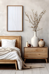 Empty mock up poster frame on white stucco wall above wooden dresser with home decor. Rustic, boho interior design of modern bedroom, Generative AI