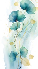Artistic watercolor painting of blue Nymphaea, or water lily leaves, with delicate gold splashes, creating an ethereal botanical artwork.
