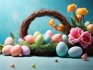 Fototapeta na wymiar Festive Easter background with colorful eggs and bright flowers
