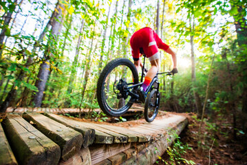 Mountain biker in a red jersey bounding over a wooden bridge on a trail in sunny woods, wide angle shallow focus