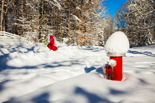 A young girl in a red winter jacket carries a red plastic sled along a sunny, snowy road surrounded by trees with a red fire hydrant in the foreground