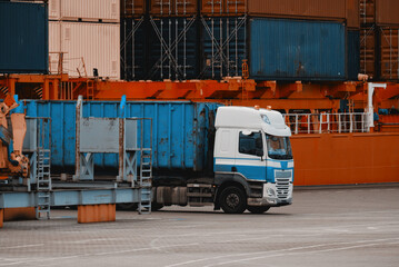 Garbage Truck During Waste Disposal Process From The Ship In The Port. Waste Distribution And...
