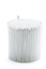 Cotton buds in transparent plastic box isolated on white background