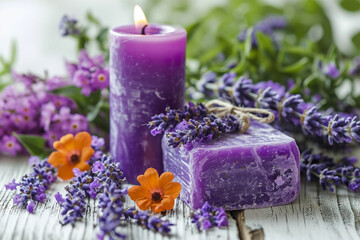 Obraz na płótnie Canvas Spa products, soaps, salts and lit candle with lavender flowers