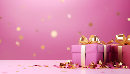 Pink gift box with gold satin ribbon on pink background sparkles, confetti with copy space for text. Happy Holiday, Christmas, Birthday, Valentine's day, wedding celebration banner.