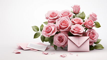 Elegant Love Letters and Rose Bouquet on a Pristine White Background