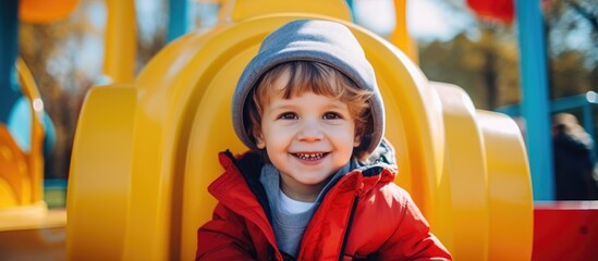 Playful young boy enjoying outdoor playground in all seasons. Family-friendly activity with modern equipment in an entertainment park.
