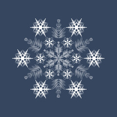 Author's design of white hexagonal vector snowflake on blue background